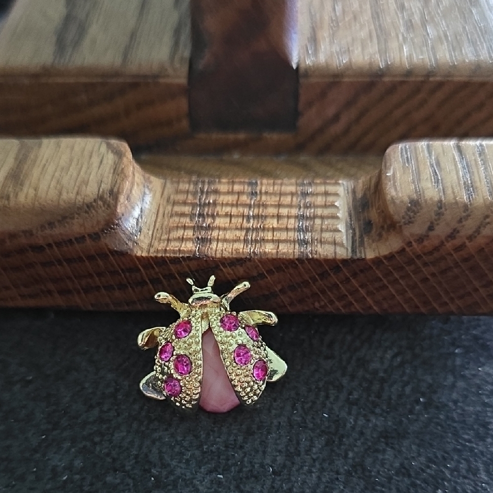 Gold Tone Pink Crystal Ladybug Brooch - Picture 4 of 4